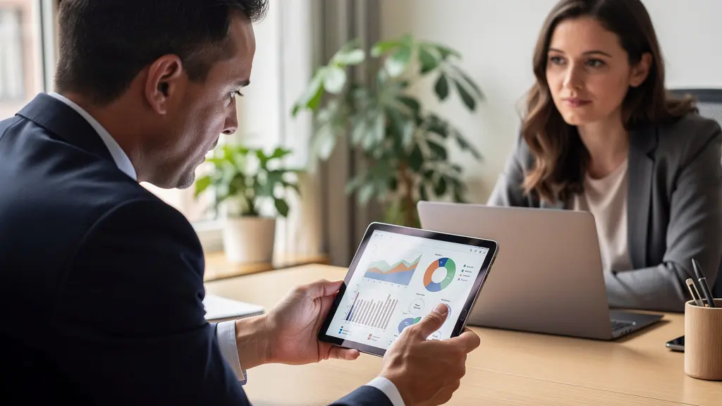 Conseiller en crédit immobilier présentant une simulation sur tablette à un client