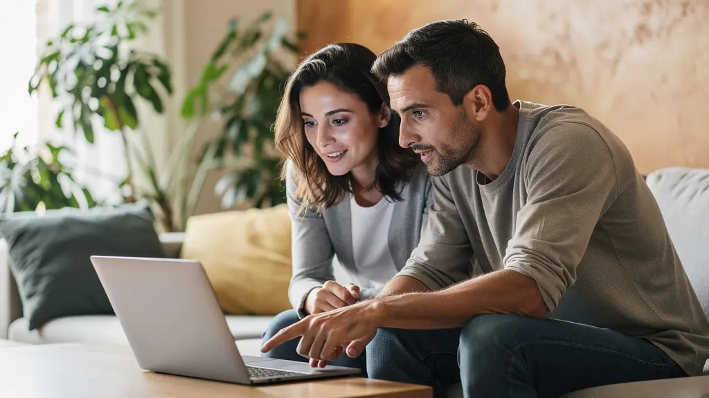 Couple français comparant des offres de prêt immobilier sur ordinateur portable dans leur salon