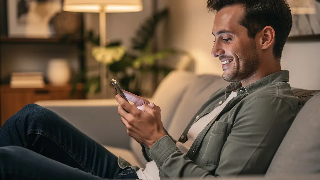 Jeune professionnel consultant des offres de prêt sur smartphone depuis son canapé