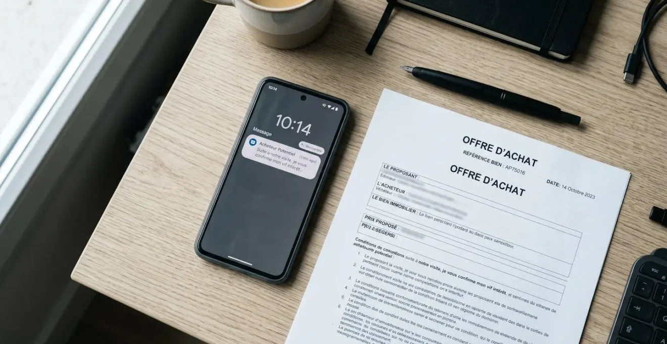 Un chronomètre affichant 48 heures posé sur un contrat d'offre d'achat, à côté d'un smartphone et d'un stylo, symbolisant la fenêtre critique de réactivité post-visite.