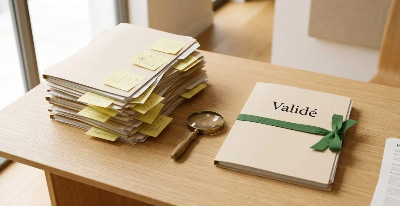 Deux piles de dossiers sur un bureau en bois clair : une pile désordonnée à gauche et un dossier unique validé avec ruban vert à droite, symbolisant la sélection rigoureuse des acheteurs sérieux.