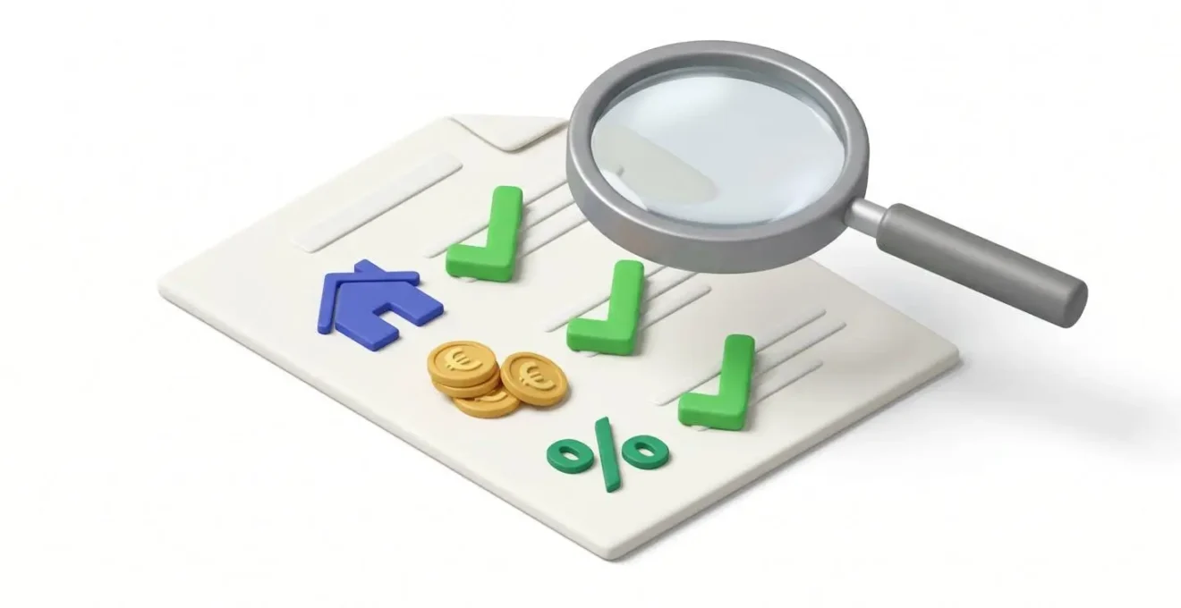 Illustration 3D isométrique d'une loupe examinant un document financier avec pictogrammes et coches vertes de validation, symbolisant la vérification professionnelle des critères acheteur.